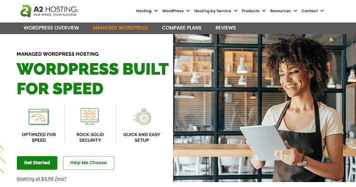 A screenshot of the A2 Hosting website for A2 Hosting review with an image of a wordpress website with a woman using a tablet.