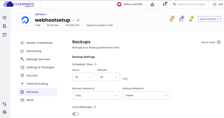 A screenshot of the Cloudways backup settings.