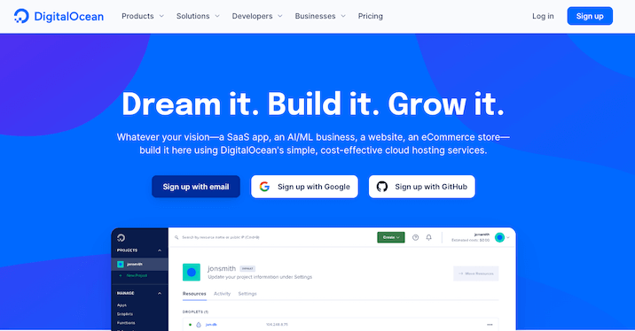 A screenshot of the DigitalOcean homepage for DigitalOcean review.