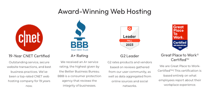 A screenshot from InMotion hosting’s website describing their award winning web hosting.