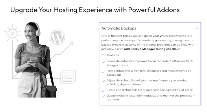 A screenshot from InMotion hosting’s website describing their automatic backup addon with the words "Upgrade your hosting experience with powerful addons".