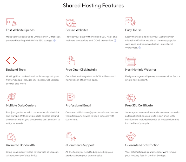 A screenshot from InMotion hosting’s website describing their shared hosting features.