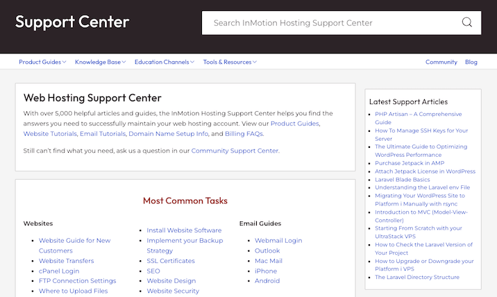 A screenshot from InMotion hosting’s support center page.