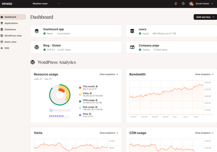 A screenshot from Kinsta’s client dashboard with a lot of information on it.