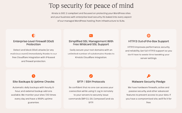 A screenshot from Kinsta’s website describing their security features with the words "Top security for peace of mind".