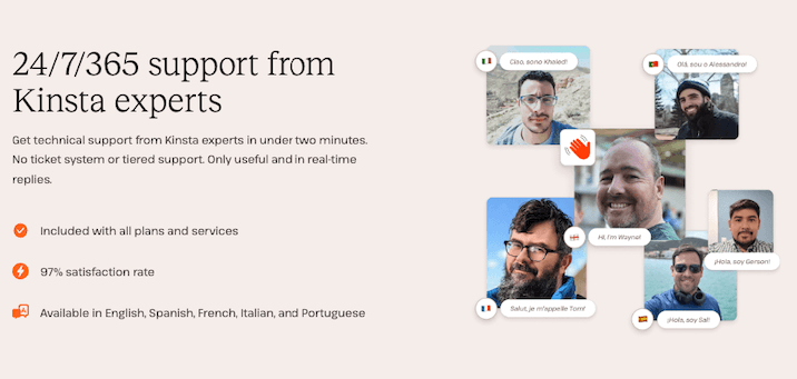 A screenshot from Kinsta’s website describing their support features with the words "24/7/365 support from kinsta experts".