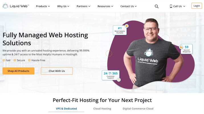 A screenshot of the Liquid Web website for Liquid Web review with an image of a man in a shirt.