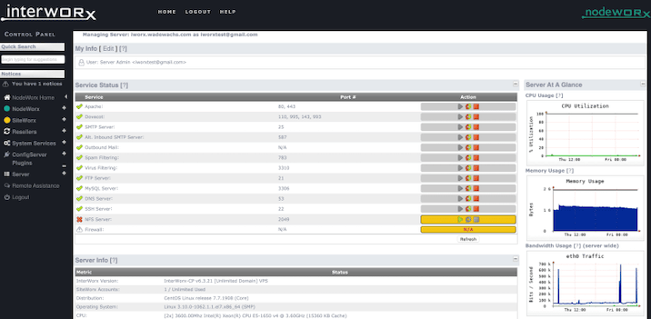 A screenshot from liquid webs website of the dashboard of interworx customer panel