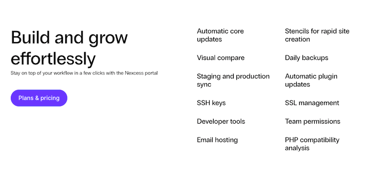 A screenshot from the Nexcess website describing the features of scaling with words "build and grow effortlessly".