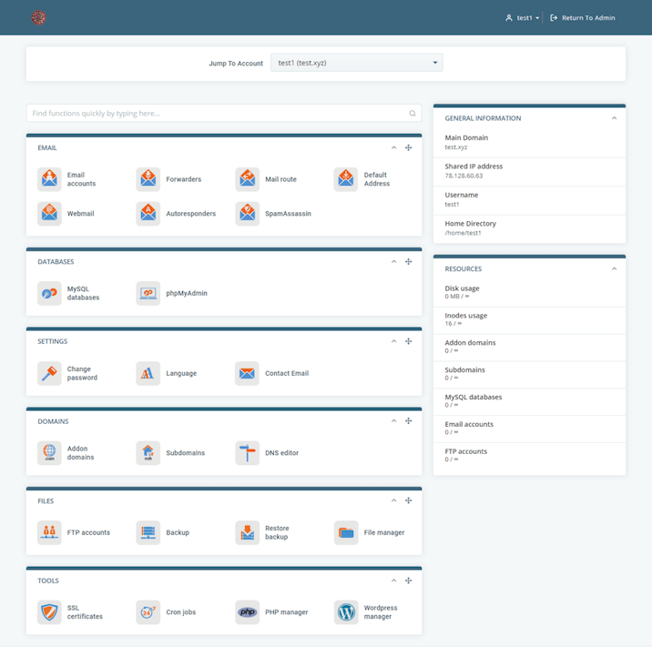 A screenshot from Scala hosting’s SPanel dashboard.