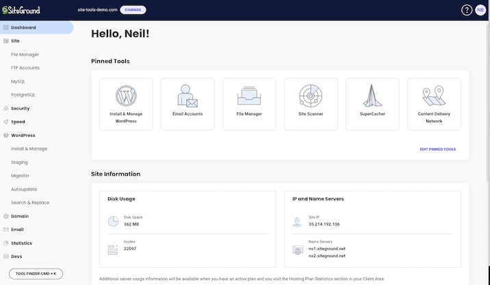 A screenshot of SiteGrounds site tools dashboard.