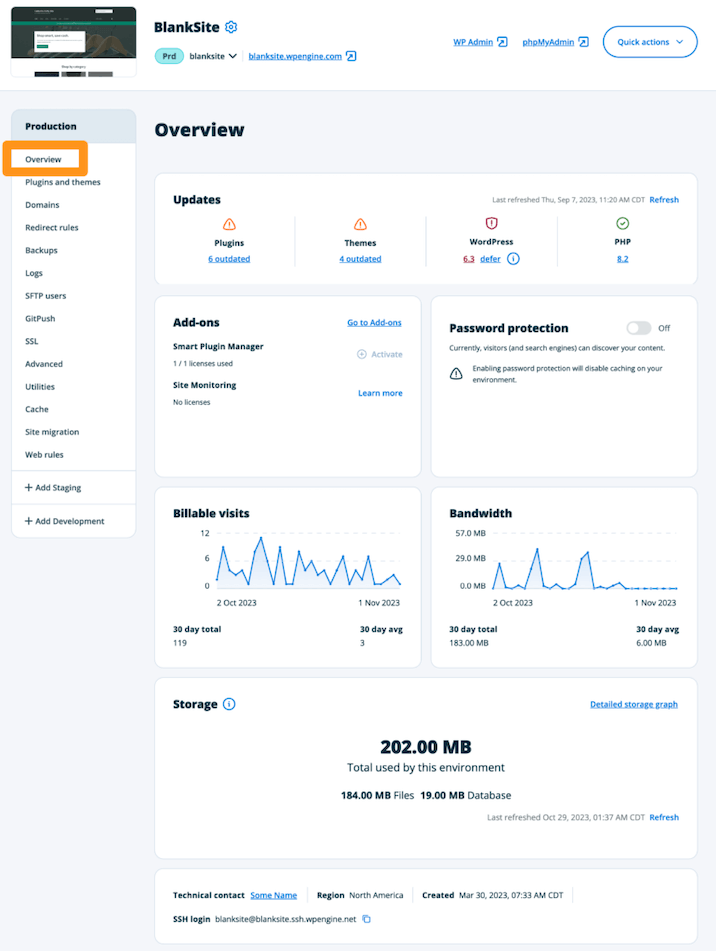 A screenshot of WP Engine’s control panel.