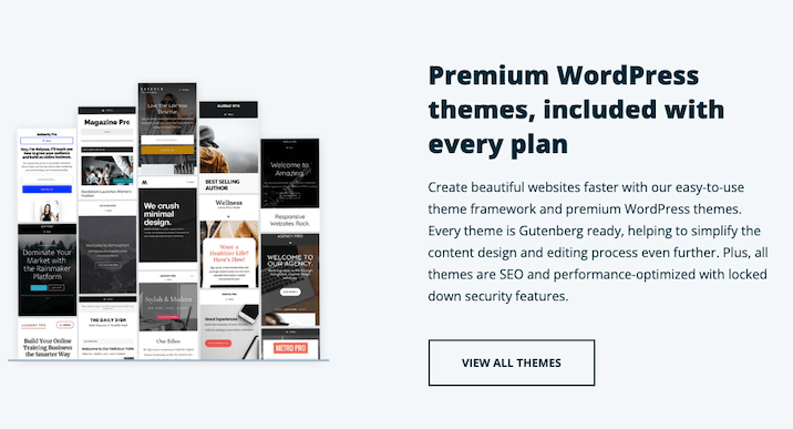 A screenshot from WP Engine’s website describing the genesis themes available to use with words "Premium wordpress themes, included with every plan".