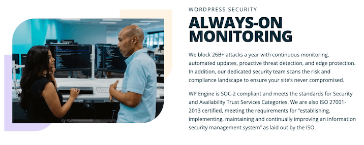 A screenshot from WP Engine’s website describing their security features with the words "always-on monitoring".